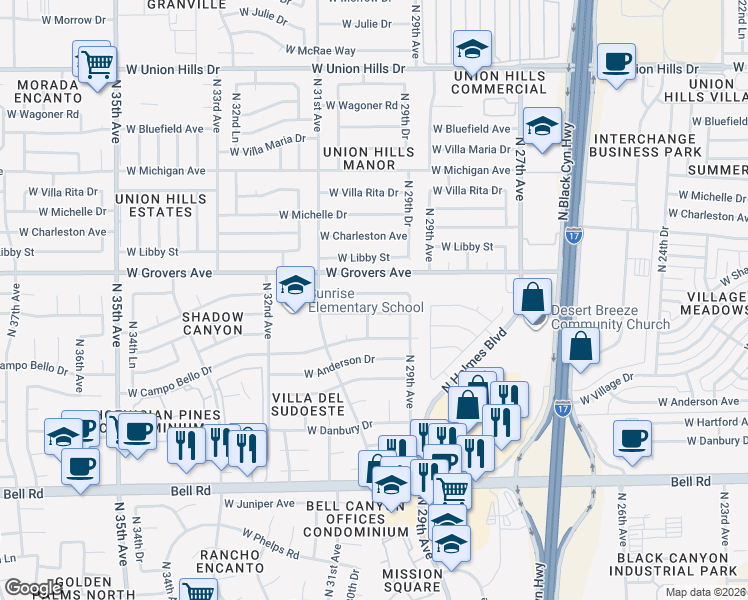map of restaurants, bars, coffee shops, grocery stores, and more near 2933 West Muriel Drive in Phoenix