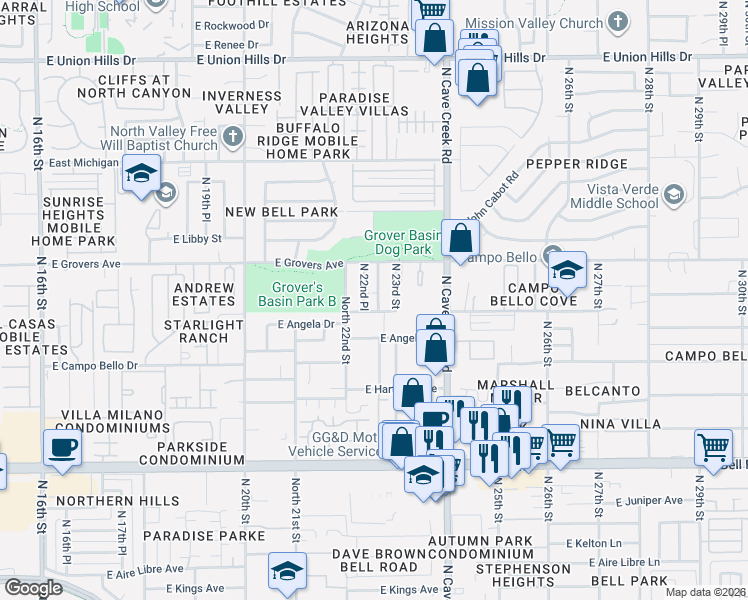 map of restaurants, bars, coffee shops, grocery stores, and more near 17613 North Bluebird Lane in Phoenix