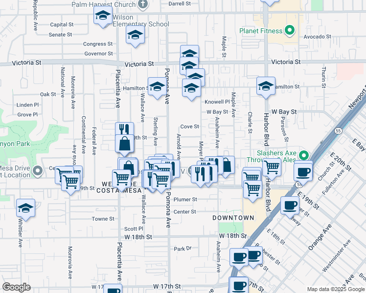 map of restaurants, bars, coffee shops, grocery stores, and more near 664 Ross Street in Costa Mesa
