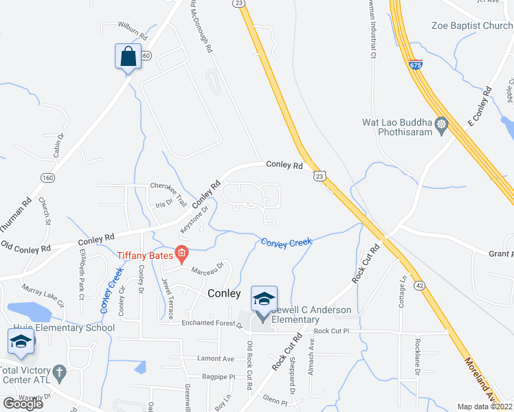 map of restaurants, bars, coffee shops, grocery stores, and more near 1625 Conley Road in Conley