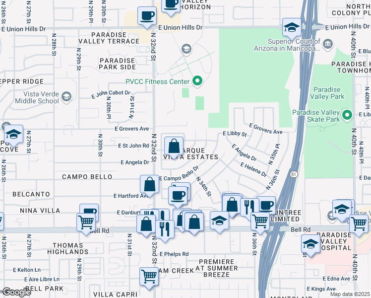 map of restaurants, bars, coffee shops, grocery stores, and more near 3402 East Angela Drive in Phoenix
