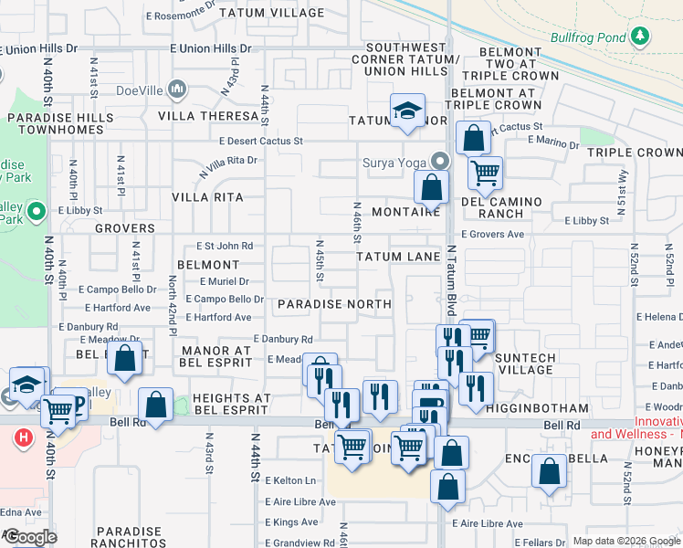 map of restaurants, bars, coffee shops, grocery stores, and more near 4525 East Angela Drive in Phoenix