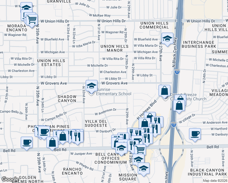 map of restaurants, bars, coffee shops, grocery stores, and more near 2933 West Muriel Drive in Phoenix