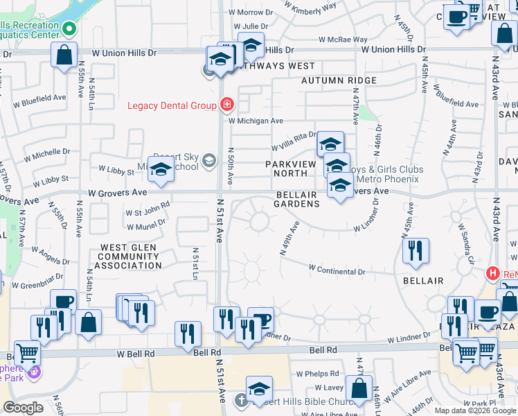 map of restaurants, bars, coffee shops, grocery stores, and more near 5013 West Torrey Pines Circle in Glendale