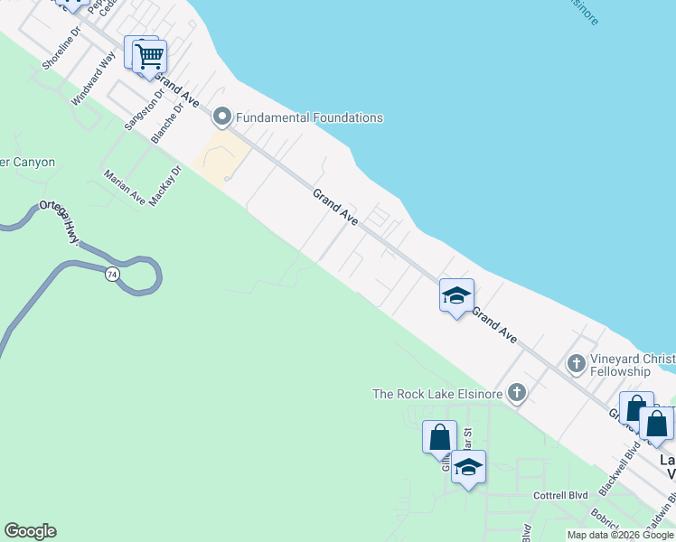 map of restaurants, bars, coffee shops, grocery stores, and more near 33110 Esther Street in Lake Elsinore