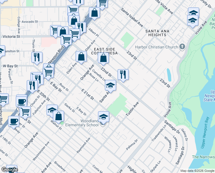 map of restaurants, bars, coffee shops, grocery stores, and more near 283 Camellia Lane in Costa Mesa