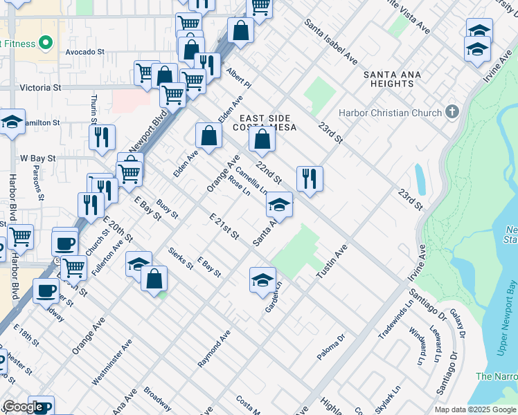 map of restaurants, bars, coffee shops, grocery stores, and more near 2147 Aster Place in Costa Mesa