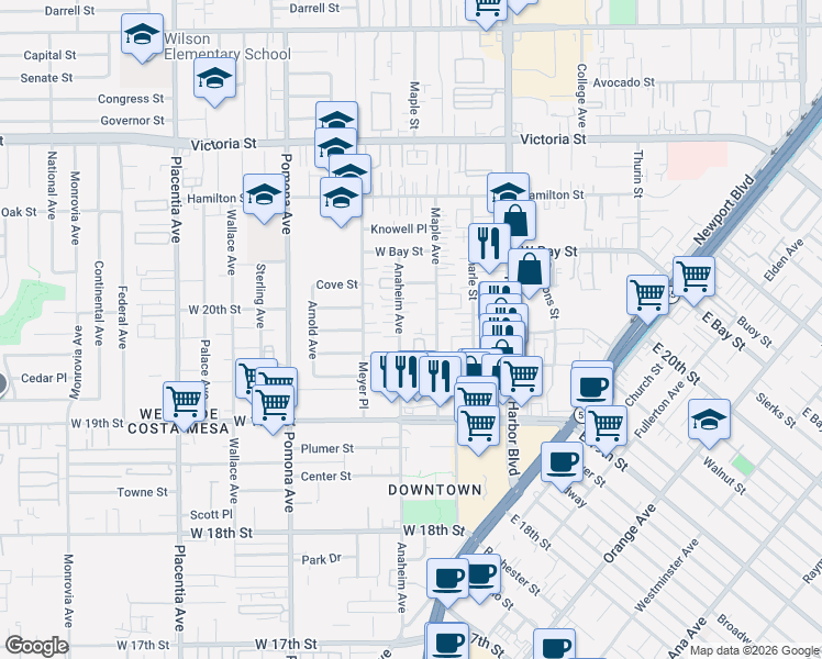 map of restaurants, bars, coffee shops, grocery stores, and more near 1987 Maple Avenue in Costa Mesa