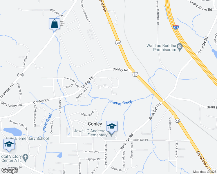 map of restaurants, bars, coffee shops, grocery stores, and more near 1625 Conley Road in Conley