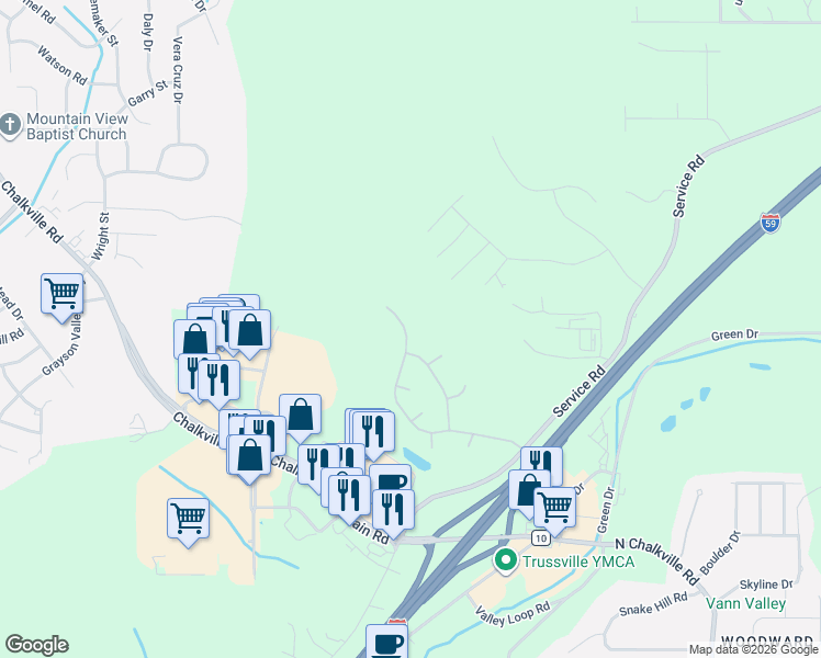 map of restaurants, bars, coffee shops, grocery stores, and more near 6479 Misty Ridge Drive in Birmingham