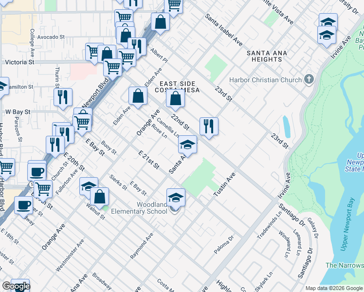 map of restaurants, bars, coffee shops, grocery stores, and more near 283 Camellia Lane in Costa Mesa