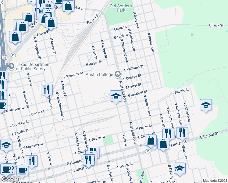 map of restaurants, bars, coffee shops, grocery stores, and more near 900 North Grand Avenue in Sherman