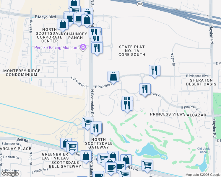 map of restaurants, bars, coffee shops, grocery stores, and more near 7221 East Princess Drive in Scottsdale