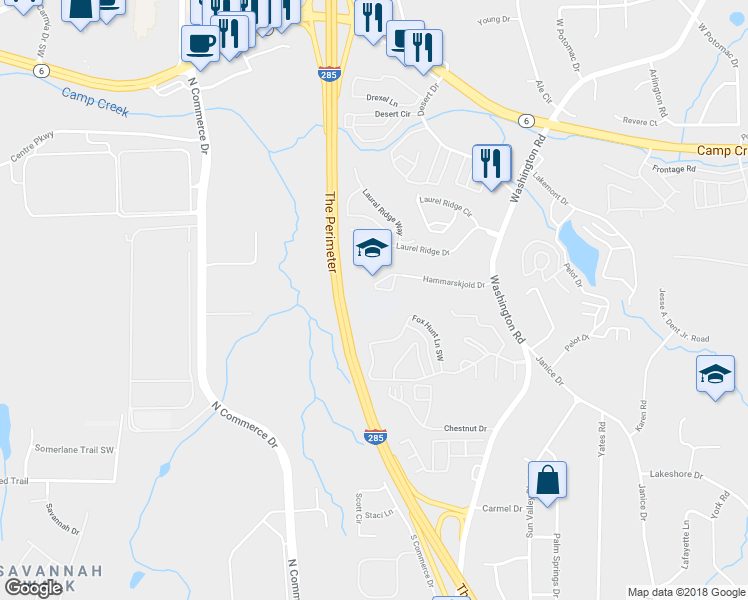 map of restaurants, bars, coffee shops, grocery stores, and more near 3250 Hammarskjold Drive in Atlanta