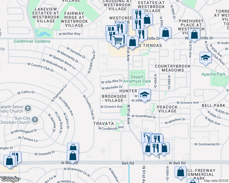 map of restaurants, bars, coffee shops, grocery stores, and more near 9174 West Charleston Avenue in Peoria