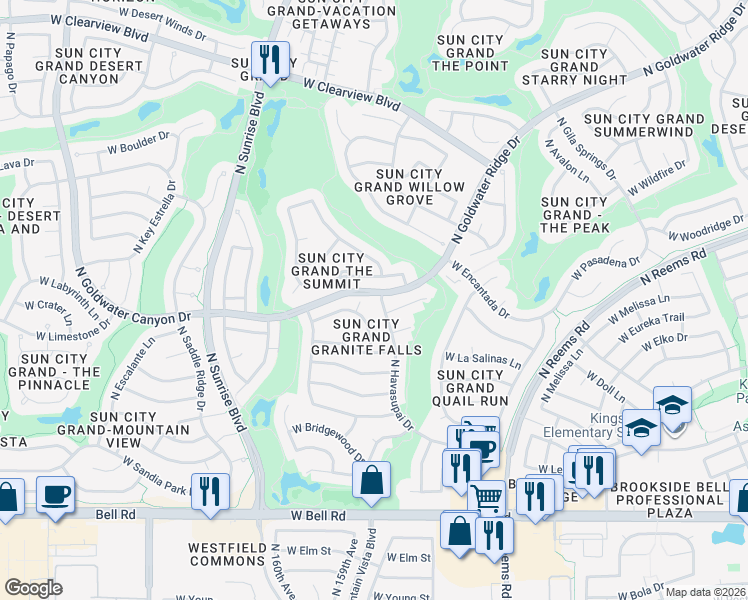map of restaurants, bars, coffee shops, grocery stores, and more near 17870 North Havasupai Drive in Surprise