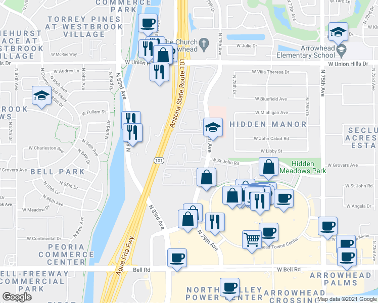 map of restaurants, bars, coffee shops, grocery stores, and more near 17722 North 79th Avenue in Glendale