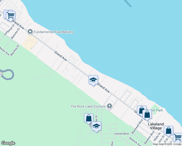 map of restaurants, bars, coffee shops, grocery stores, and more near 17030 Grand Avenue in Lake Elsinore