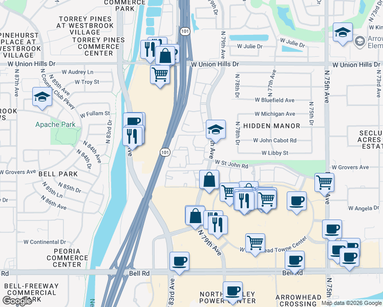 map of restaurants, bars, coffee shops, grocery stores, and more near 17722 North 79th Avenue in Glendale