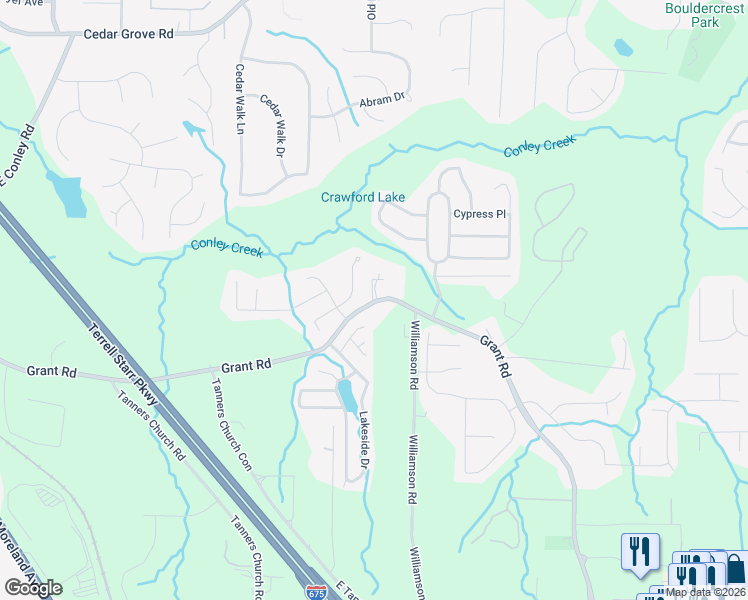 map of restaurants, bars, coffee shops, grocery stores, and more near 3832 Old Grant Road in Ellenwood