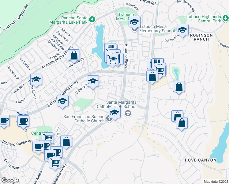 map of restaurants, bars, coffee shops, grocery stores, and more near 43 Vía Hermosa in Rancho Santa Margarita