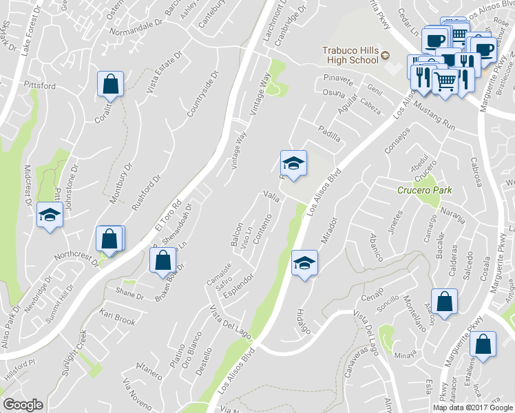 map of restaurants, bars, coffee shops, grocery stores, and more near 21782 Balcon in Mission Viejo