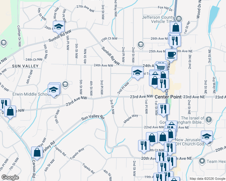 map of restaurants, bars, coffee shops, grocery stores, and more near 2309 3rd Street Northwest in Center Point