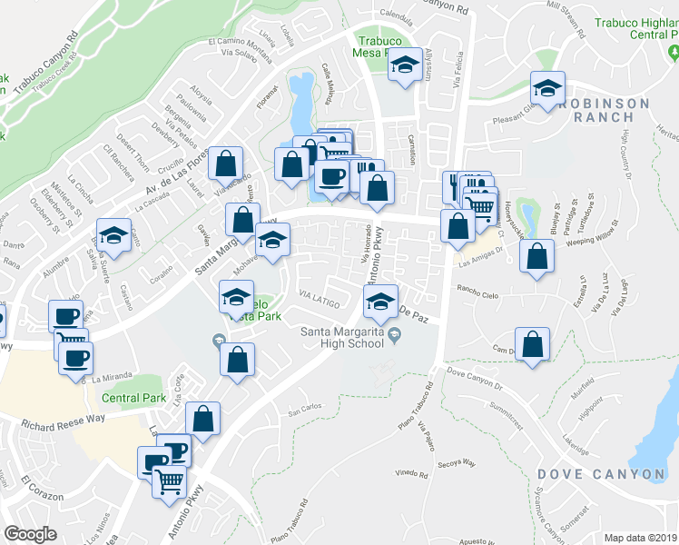 map of restaurants, bars, coffee shops, grocery stores, and more near 43 Vía Hermosa in Rancho Santa Margarita