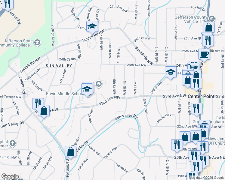 map of restaurants, bars, coffee shops, grocery stores, and more near 2316 5th Street Northwest in Center Point