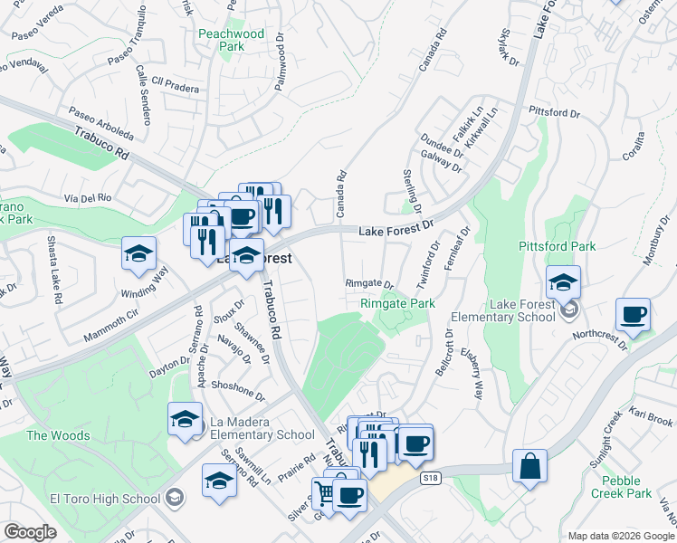 map of restaurants, bars, coffee shops, grocery stores, and more near 21755 Newvale Drive in Lake Forest