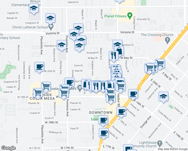 map of restaurants, bars, coffee shops, grocery stores, and more near 1980 Anaheim Avenue in Costa Mesa