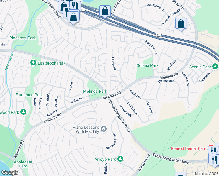 map of restaurants, bars, coffee shops, grocery stores, and more near 33 Via Madera in Rancho Santa Margarita