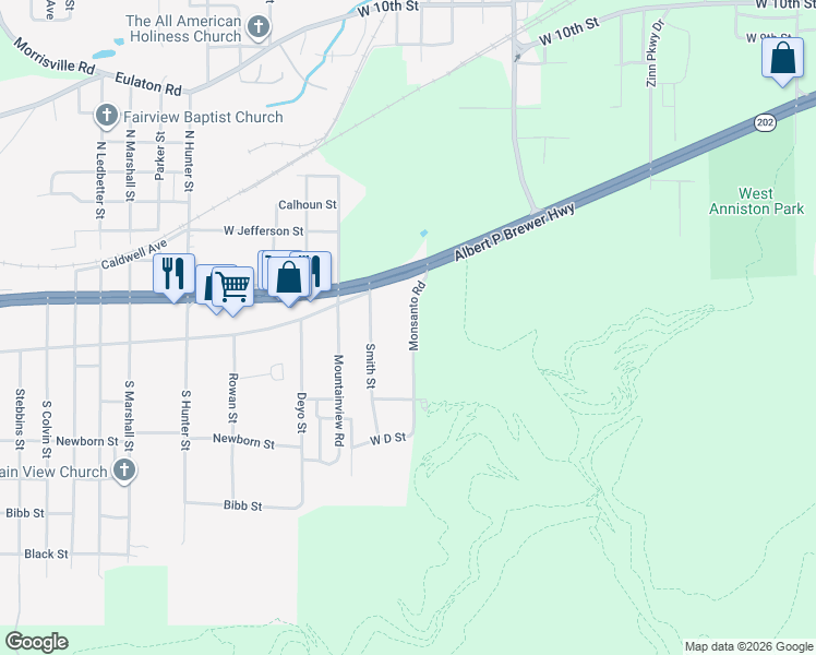 map of restaurants, bars, coffee shops, grocery stores, and more near 122 Monsanto Road in Anniston