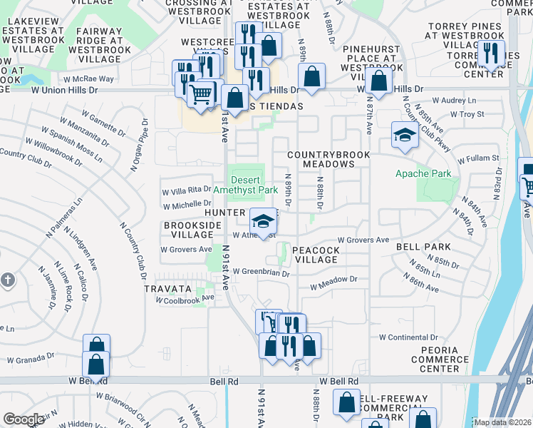 map of restaurants, bars, coffee shops, grocery stores, and more near 8955 West Charleston Avenue in Peoria