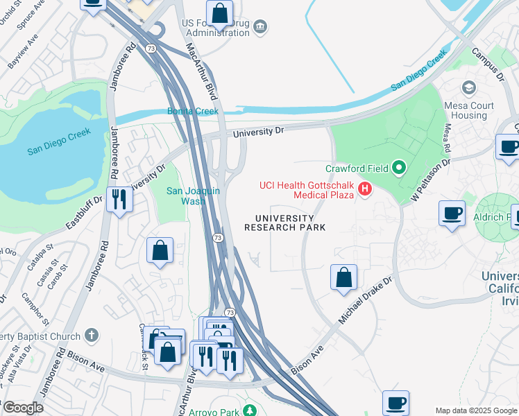 map of restaurants, bars, coffee shops, grocery stores, and more near 121 Innovation Drive in Irvine