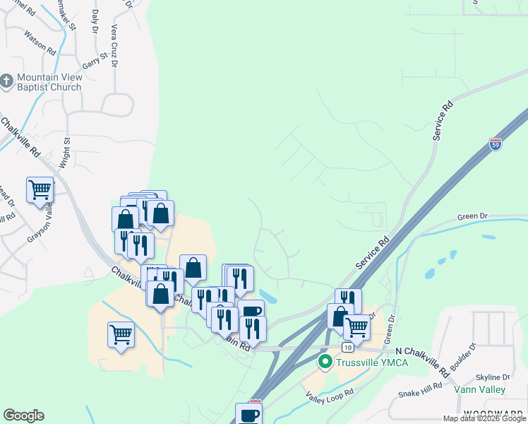 map of restaurants, bars, coffee shops, grocery stores, and more near 6479 Misty Ridge Drive in Birmingham