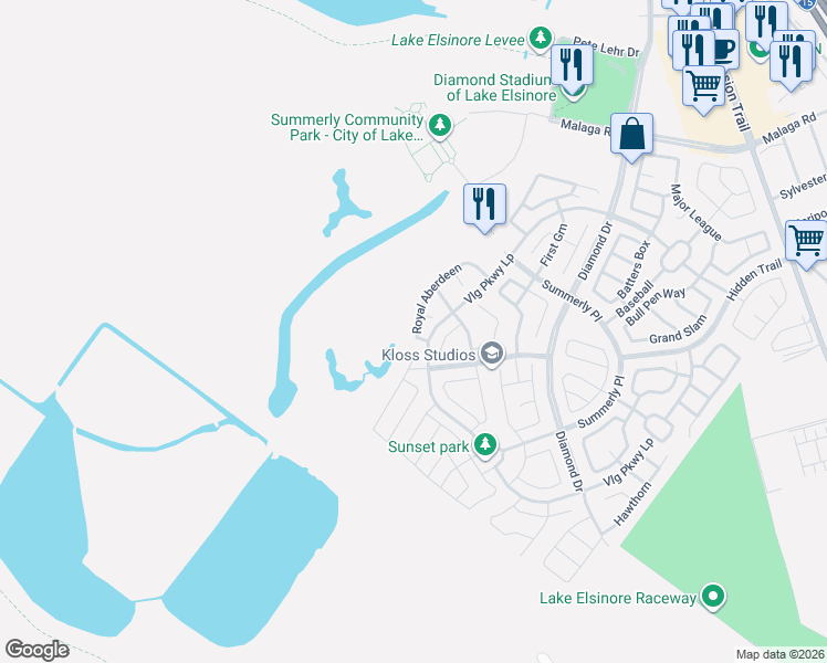 map of restaurants, bars, coffee shops, grocery stores, and more near 29223 Royal Aberdeen in Lake Elsinore