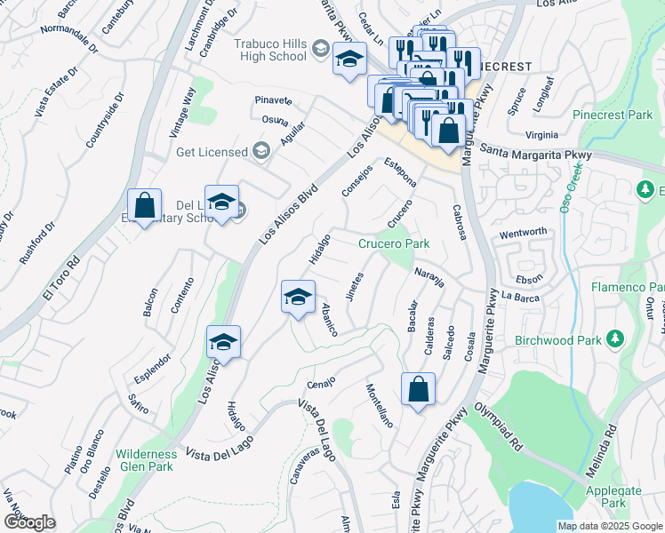 map of restaurants, bars, coffee shops, grocery stores, and more near 27522 Velador in Mission Viejo