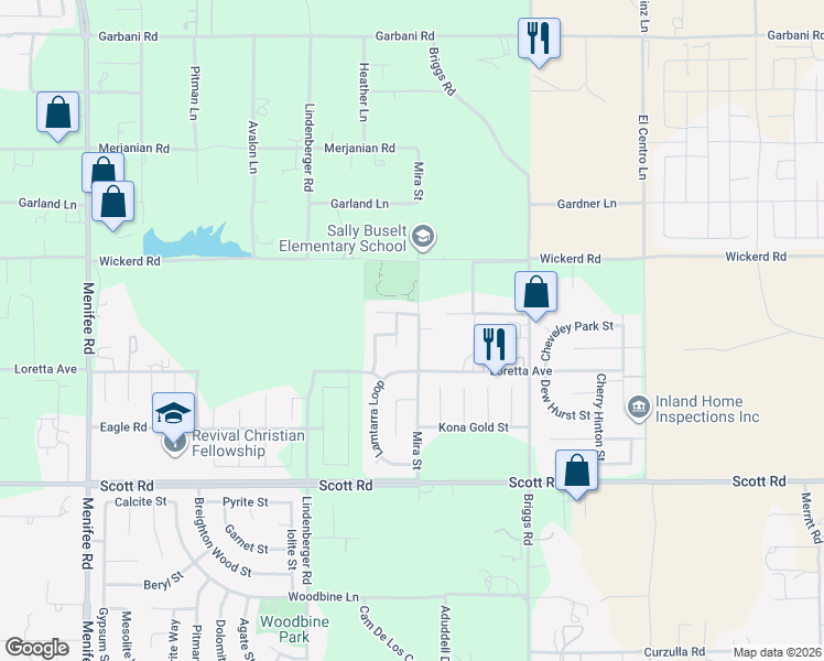map of restaurants, bars, coffee shops, grocery stores, and more near 32693 Mira Street in Menifee