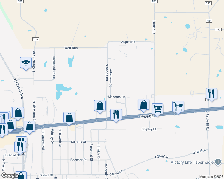map of restaurants, bars, coffee shops, grocery stores, and more near 1808 Arkansas Street in Gainesville