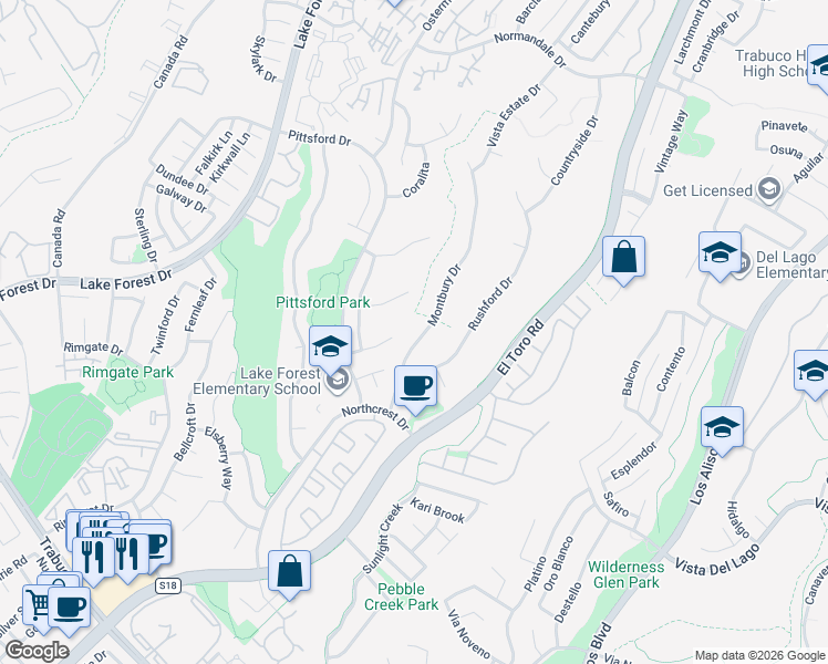 map of restaurants, bars, coffee shops, grocery stores, and more near 21782 Montbury Drive in Lake Forest