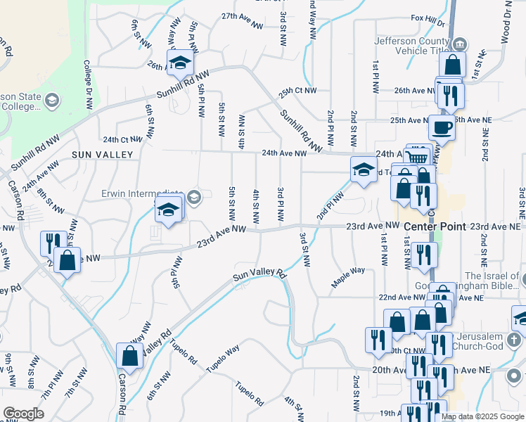map of restaurants, bars, coffee shops, grocery stores, and more near 2309 4th Street Northwest in Center Point