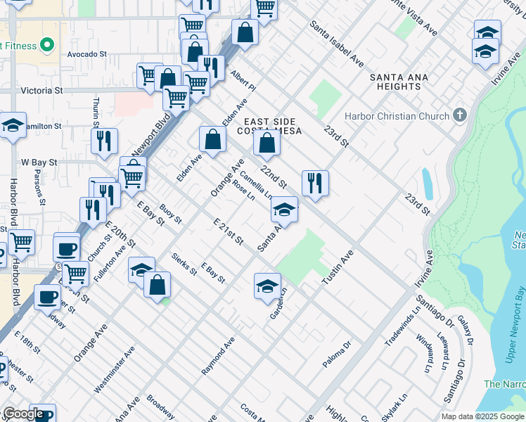 map of restaurants, bars, coffee shops, grocery stores, and more near 2147 Aster Place in Costa Mesa