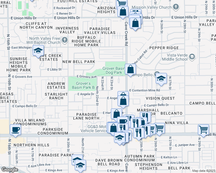 map of restaurants, bars, coffee shops, grocery stores, and more near 17613 North Bluebird Lane in Phoenix
