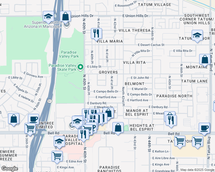map of restaurants, bars, coffee shops, grocery stores, and more near 17617 North 41st Street in Phoenix