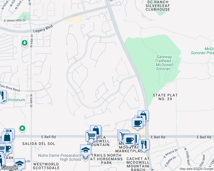 map of restaurants, bars, coffee shops, grocery stores, and more near 17707 North 99th Place in Scottsdale