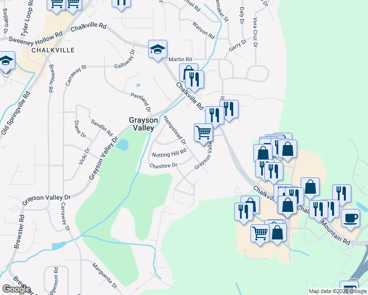 map of restaurants, bars, coffee shops, grocery stores, and more near 2489 Hampstead Drive in Birmingham
