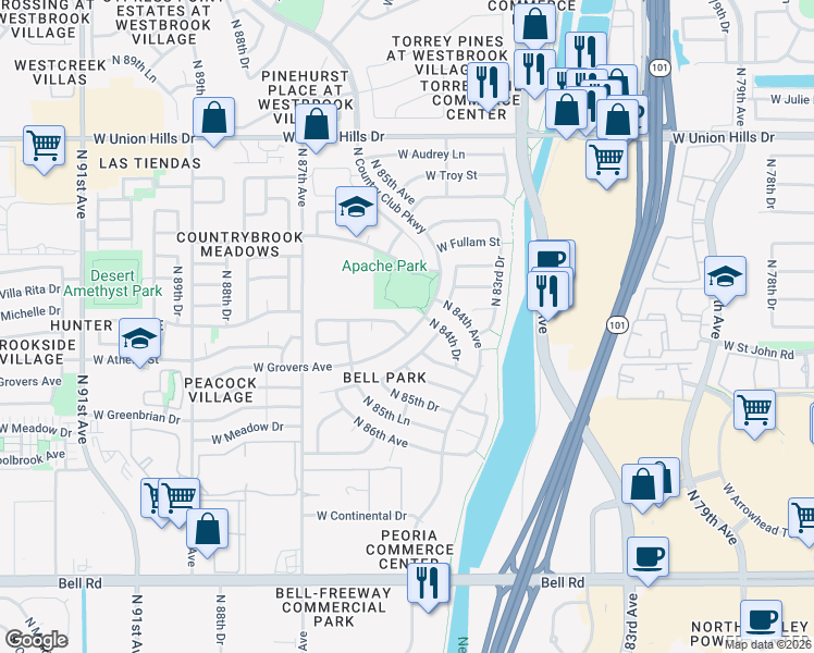 map of restaurants, bars, coffee shops, grocery stores, and more near 8454 West Grovers Avenue in Peoria