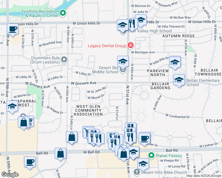 map of restaurants, bars, coffee shops, grocery stores, and more near 5191 West Saint John Road in Glendale