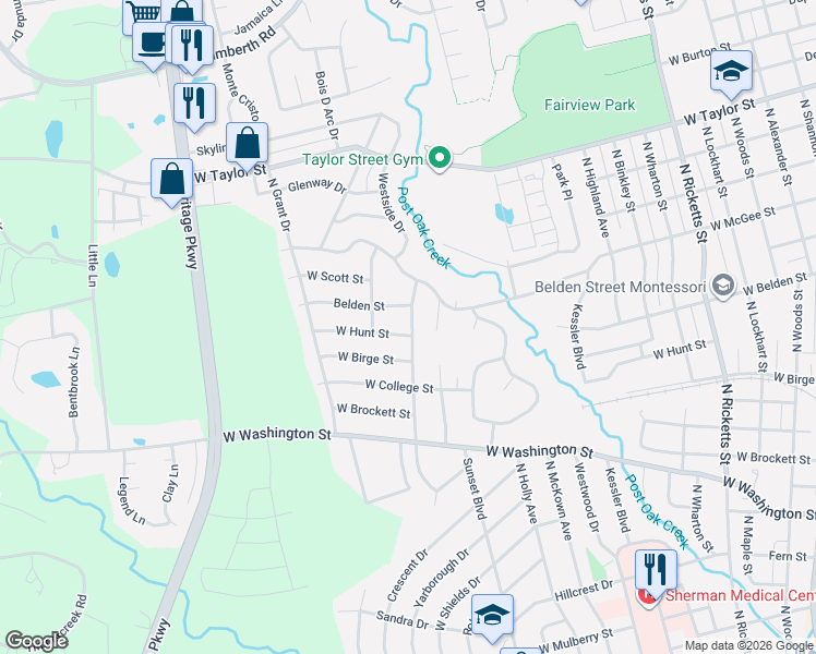 map of restaurants, bars, coffee shops, grocery stores, and more near 1701 West Hunt Street in Sherman